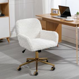 A&A Furniture Office Chair,Artificial rabbit hair Home Office Chair with Golden Metal Base,Adjustable Desk Chair Swivel Office Chair,Vanity Chair(Beig