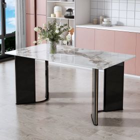 Modern minimalist rectangular dining table, white imitation marble tabletop, MDF table legs with gold metal decorative strips. Suitable for restaurant