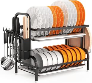 Dish Drying Rack, 2-Tier Dish Racks for Kitchen Counter, Sink Dish Drainer with Drainboard, Utensil Holder and Cutting Board Holder, Stainless Steel K