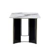 Modern minimalist rectangular dining table, white imitation marble tabletop, MDF table legs with gold metal decorative strips. Suitable for restaurant