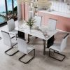 Modern minimalist rectangular dining table, white imitation marble tabletop, MDF table legs with gold metal decorative strips. Suitable for restaurant