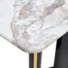 Modern minimalist rectangular dining table, white imitation marble tabletop, MDF table legs with gold metal decorative strips. Suitable for restaurant