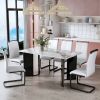 Modern minimalist rectangular dining table, white imitation marble tabletop, MDF table legs with gold metal decorative strips. Suitable for restaurant