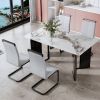 Modern minimalist rectangular dining table, white imitation marble tabletop, MDF table legs with gold metal decorative strips. Suitable for restaurant