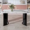 Modern minimalist rectangular dining table, white imitation marble tabletop, MDF table legs with gold metal decorative strips. Suitable for restaurant