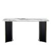 Modern minimalist rectangular dining table, white imitation marble tabletop, MDF table legs with gold metal decorative strips. Suitable for restaurant