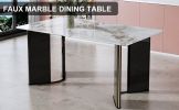 Modern minimalist rectangular dining table, white imitation marble tabletop, MDF table legs with gold metal decorative strips. Suitable for restaurant