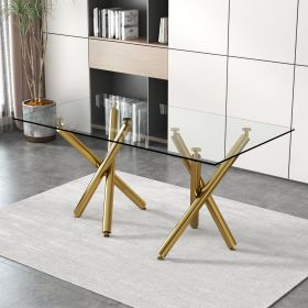 Large modern minimalist rectangular glass dining table, suitable for 6-8 people, equipped with 0.39 "tempered glass tabletop and metal legs, suitable (Color: golden)
